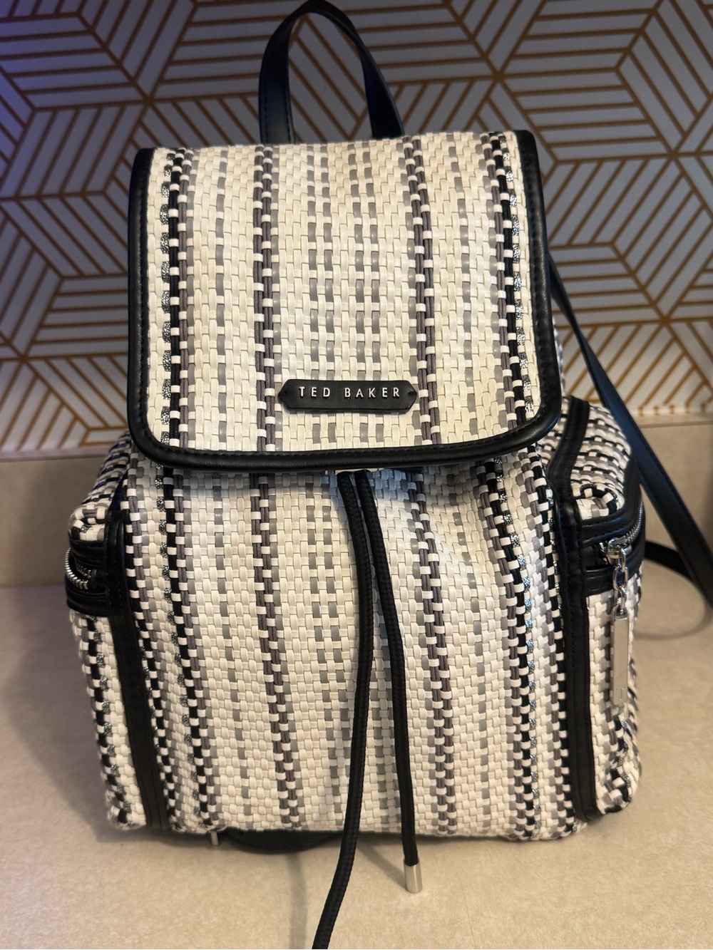 NWOT Ted Baker Allizza Black & Cream w/metallic silver woven Stripe Backpack - Picture 7 of 8